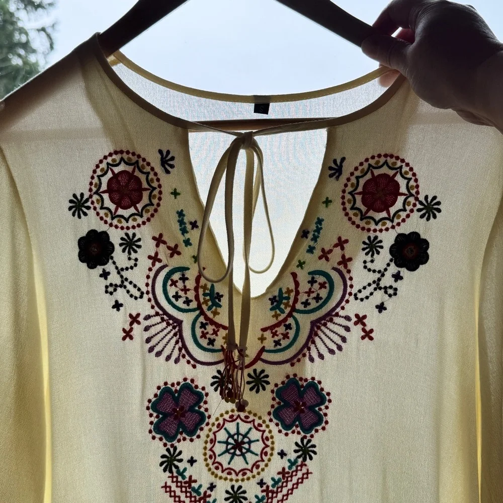 Boho Embroidered Peasant Dress Cream Fringe Festival Tunic Midi S - Picture 12 of 14